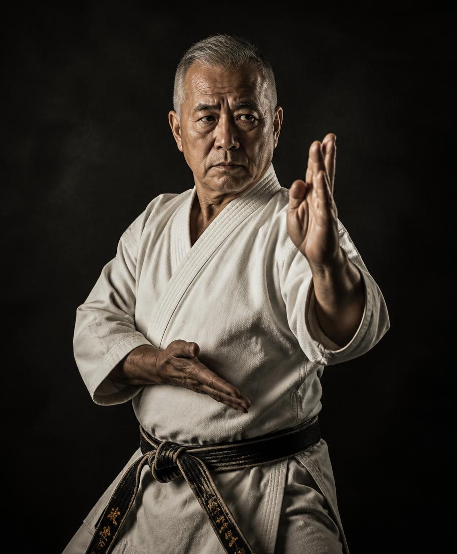Karate sensei demonstrating a knife-hand block in a white gi
