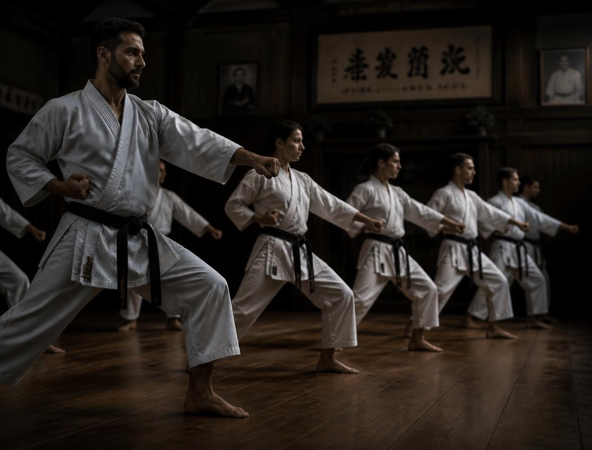 Karate students practising kihon in line inside a traditional dojo
